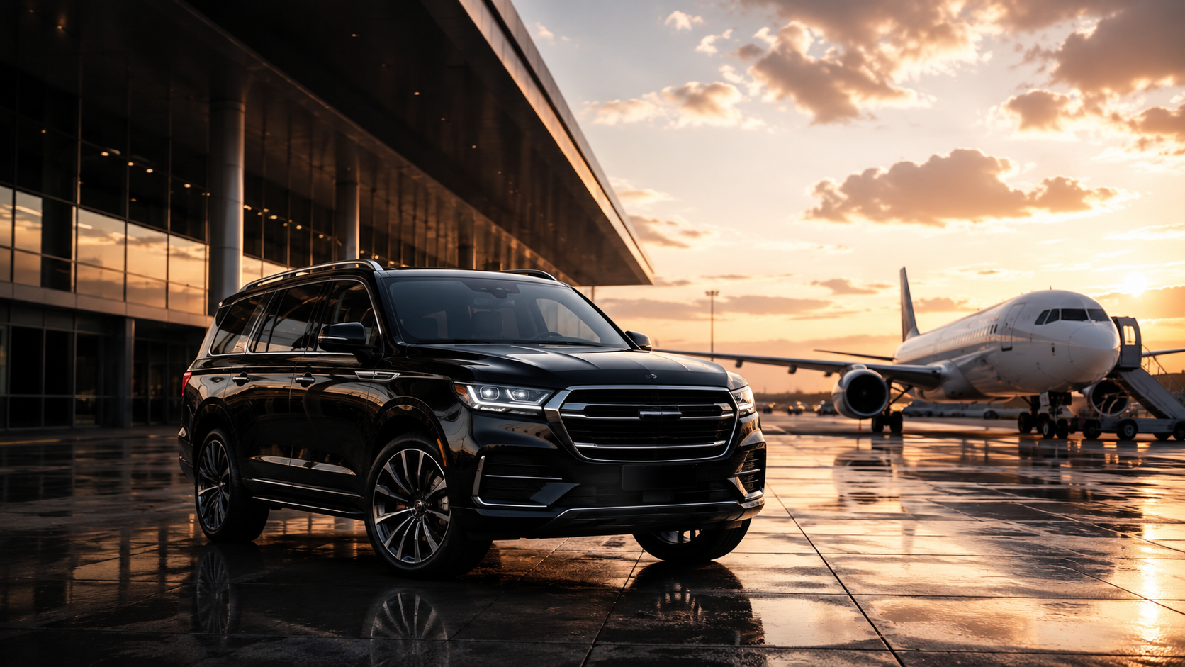 Luxury SUV at airport terminal at sunset