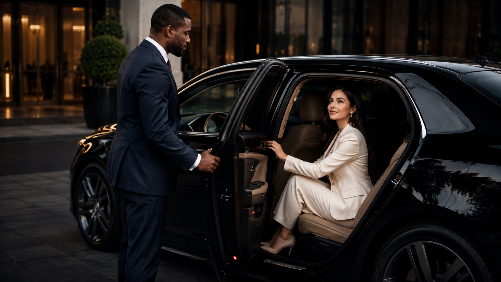 Professional chauffeur opening a luxury vehicle door